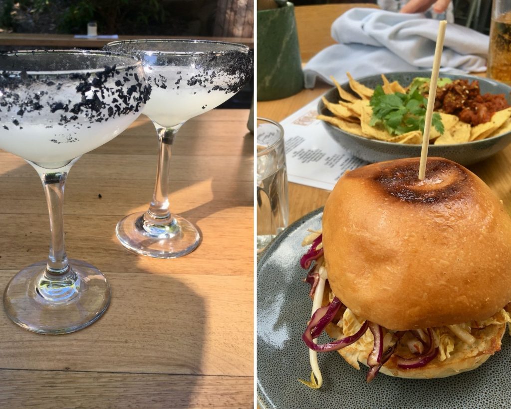 Margarita glasses and a delicious burger
