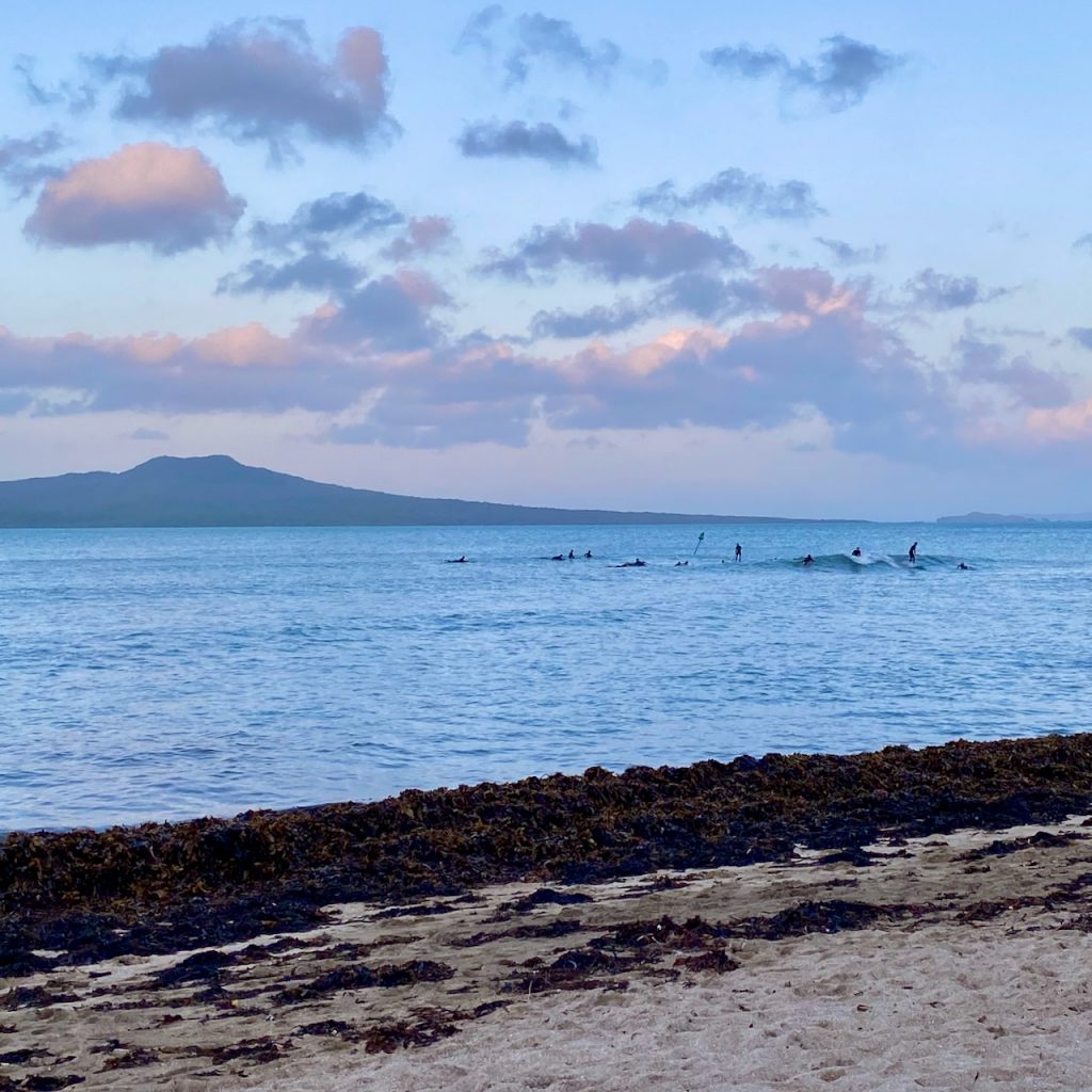 Surfers off beach with Rangitoto island in background