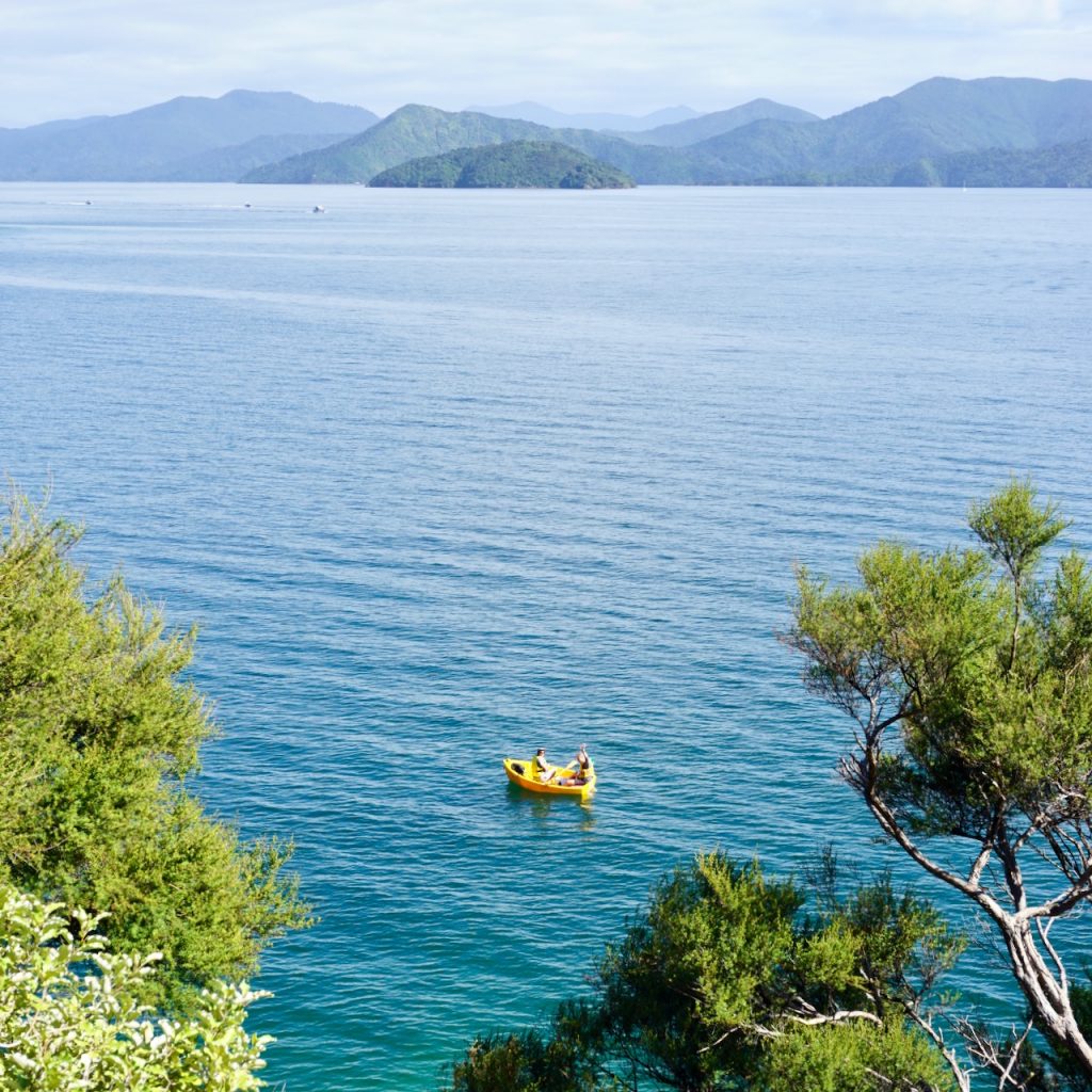Yellow rowboat in Marlborough Sounds