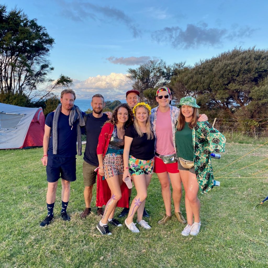 Colourfully dressed friends at Splore
